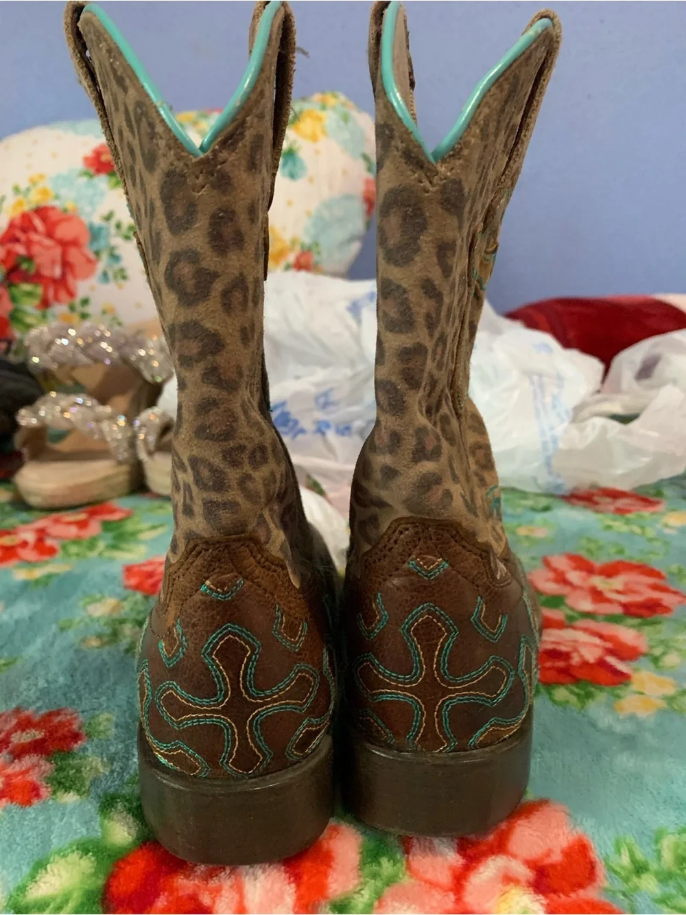 Ariat Crossroads Leather Square Toe Cowgirl Boots Embroidered & Leopard Print - Picture 7 of 12